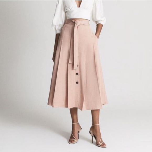 Reiss Oakley Button Front Tie Waist Linen Blend Midi...